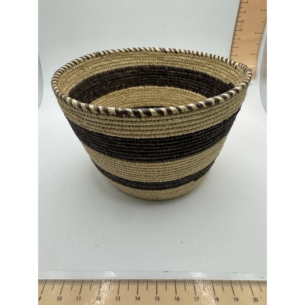Handwoven Coiled Striped Basket Natural Fiber Boho Tribal Decor Brown Beige 7.5